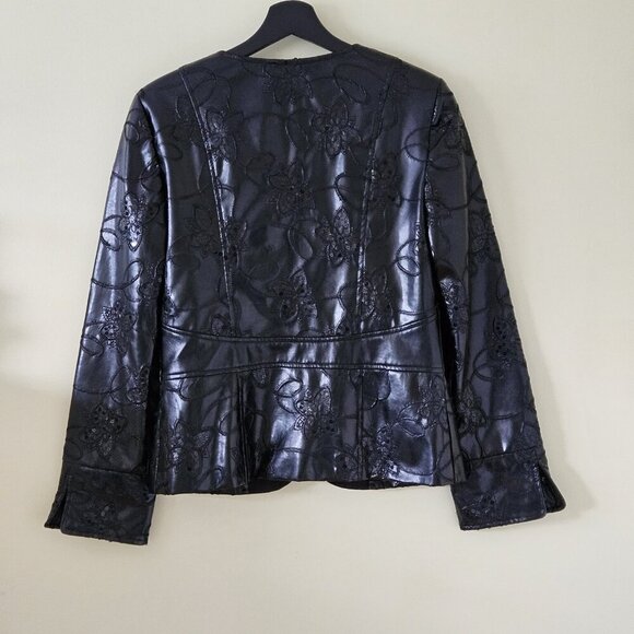 Joseph Ribkoff Jacket Womens 8 Black Faux Leather Sequin Embroidery Whimsigoth - Picture 2 of 16
